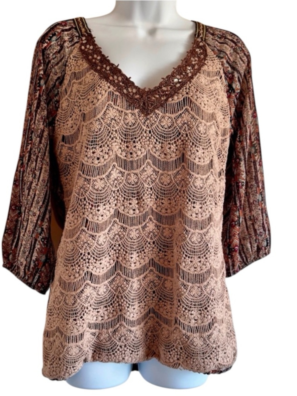 BKE Lace Front Blush Top with Brown Paisley Sleeves